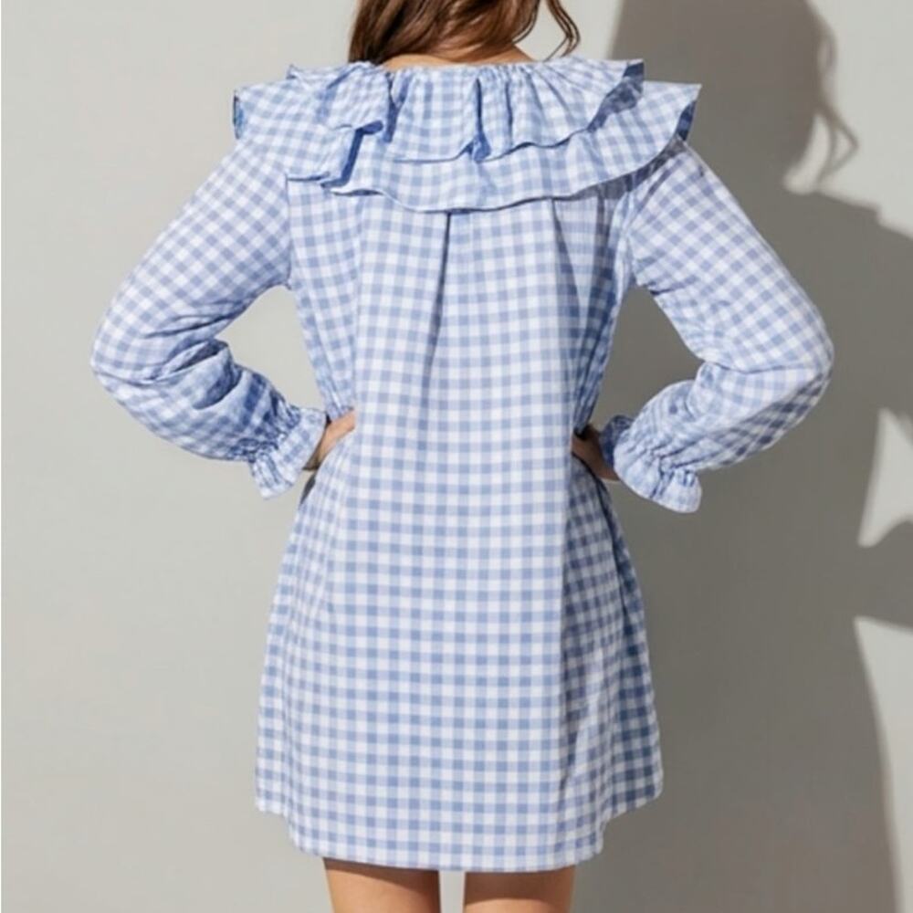 Hill House Colette Blue Jacquard Check Ruffle Long Sleeve Mini Dress, XS - Picture 3 of 14